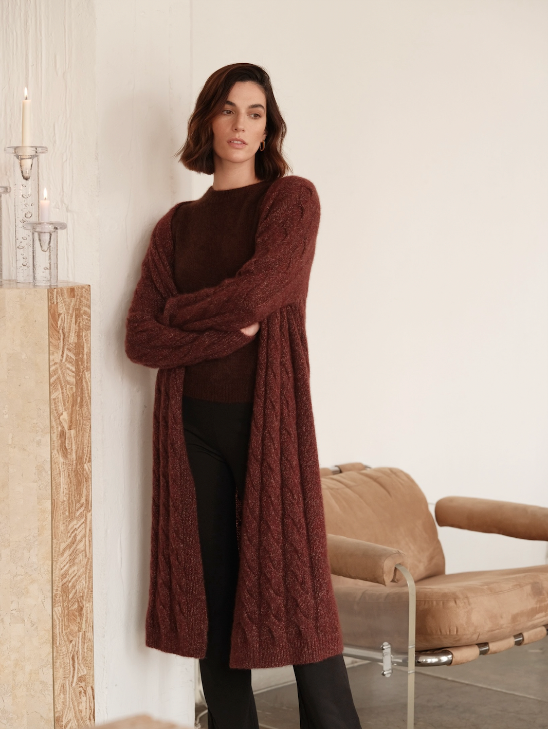 Cable-Knit Cardigan in color burgundy