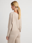 Women's lightweight oversized off the shoulder cashmere sweater in Taupe