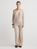 Women's lightweight oversized off the shoulder cashmere sweater in Taupe