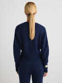 Women's silk cashmere cardigan button up sweater in Navy Blue