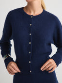 Women's silk cashmere cardigan button up sweater in Navy Blue