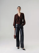 Womens Brushed V Neck Cashmere Cardigan Sweater in  Dark Brown