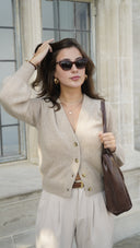 Womens Brushed V Neck Cashmere Cardigan Sweater in  Jute