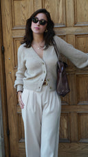 Womens Brushed V Neck Cashmere Cardigan Sweater in  Jute