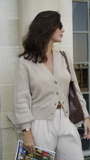 Womens Brushed V Neck Cashmere Cardigan Sweater in  Jute