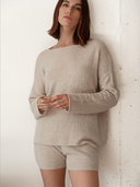 Ladies Boat Neck Drop Shoulder Cashmere Dress in Heather Brown | Front View