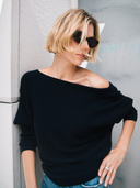 Ladies Off-the-shoulder Cashmere  Sweater Top in Navy |  Front View