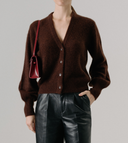 Womens Brushed V Neck Cashmere Cardigan Sweater in  Dark Brown