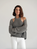 Women's off the shoulder cotton cashmere blend sweater in Heather Grey