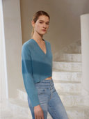 Veronica Cropped Cashmere Sweater in Peacock Blue | Modern Chic Knitwear | Front View