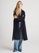 Women’s Plush & Luxury Wool Robe Coat in Navy I Front View