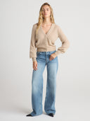 Womens Brushed V Neck Cashmere Balloon Sleeve Cardigan Sweater in  Jute