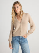 Womens Brushed V Neck Cashmere Balloon Sleeve Cardigan Sweater in  Jute