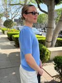 Women's 100% Cashmere Short Sleeve Sweater - 100% Pure Premium Knit in Cornflower | Side View