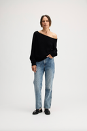 Women's ASYMMETRIC Off-the-Shoulder Sweater Cotton Cashmere Blend Sweater in Black | Front View