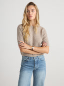 Women's Brushed Cashmere Short Sleeve Sweater in Heather Brown | Front View