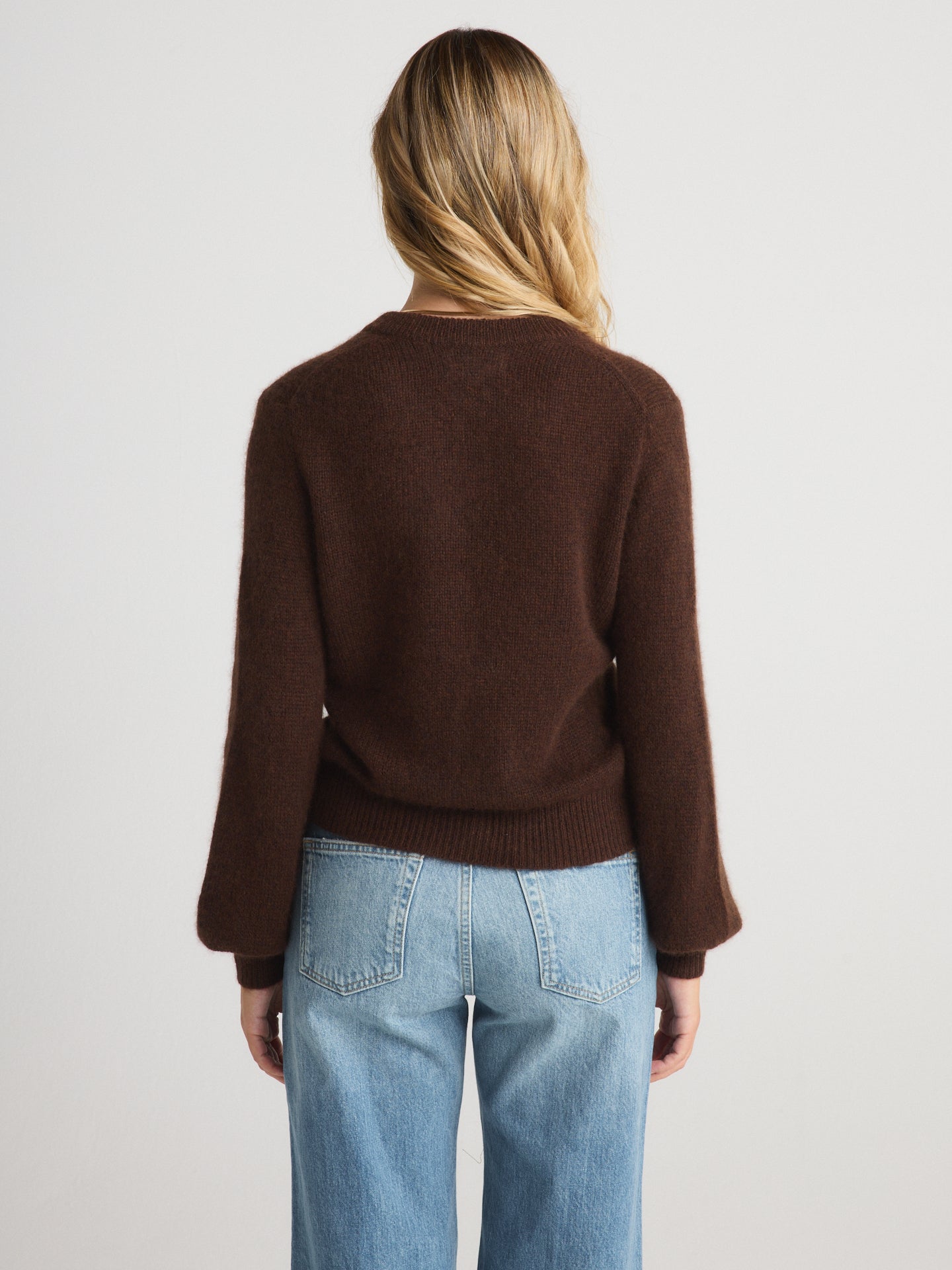 Women's Brushed V Neck Cashmere Balloon Sleeve Cardigan Sweater in