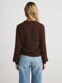 Women's Brushed V Neck Cashmere Balloon Sleeve Cardigan Dress in Dark Brown I Back View