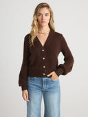 Women's Brushed V Neck Cashmere Balloon Sleeve Cardigan Sweater in Dark Brown I Front View