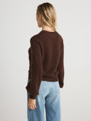 Women's Brushed V Neck Cashmere Balloon Sleeve Cardigan Top in Dark Brown I Side View