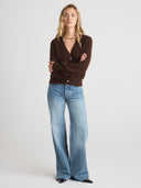 Women's Brushed V Neck Cashmere Balloon Sleeve Cardigan in Dark Brown I Front View