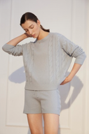 Women's Cable Knit Cashmere Luxury Lounge Shorts Set in Pale Blue | Front View