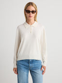 Women's Cashmere Long Sleeve Business Casual Polo Shirt in Ivory I Front View