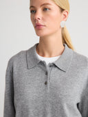 Women's Cashmere Long Sleeve Polo Top in Light Gray I Front View