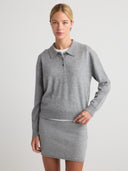 Women's Cashmere Long Sleeve Polo in Light Gray I Front View