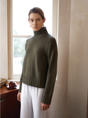 Women's Cashmere Mock Neck Sweater in Khaki Green - 100% Pure Premium Raglan Knit | Front View