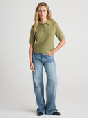 Women’s Cashmere Polo Top in Mossy I Front View
