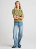 Women’s Cashmere Short Sleeve Polo Top in Mossy I Front View