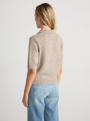 Women’s Cashmere Short Sleeve Polo Top in Heather Brown I Side View
