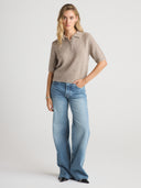 Women’s Cashmere Short Sleeve Polo Top in Heather Brown I Front View