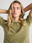 Women’s Cashmere Short Sleeve Polo Top in Mossy I Front View