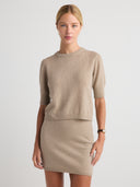 Women's Cashmere Short Sleeve Sweater Shirt Top in Taupe | Front View