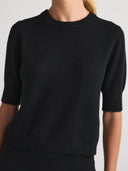 Women's Cashmere Short Sleeve Sweater Shirt Top in Black | Front View