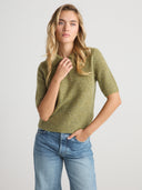 Women’s Cashmere Short Sleeve Sweater in Mossy I Front View