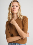 Women's Cashmere Short Sleeve Sweater Top in Caramel | Front View