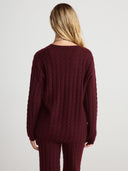 Women's Cashmere V-Neck Cable Knit Sweater, in Burgundy | Back View