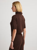 Women's Lightweight Cashmere Short Sleeves Turtleneck Sweater Dress in Dark Brown I Side View