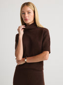 Women's Lightweight Cashmere Short Sleeves Turtleneck Sweater in Dark Brown I Front View