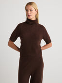 Women's Lightweight Cashmere Short Sleeves Turtleneck Top Dress in Dark Brown I Front View