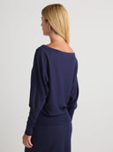 Women's Lightweight Oversized Off The Shoulder Cashmere Sweater Top in Navy | Side View