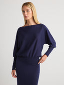 Women's Lightweight Oversized Off The Shoulder Cashmere Sweater in Navy | Front View