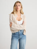 Women’s Lightweight Soft Cable Knit Cashmere Open Polo Cardigan in Oatmeal I Front View