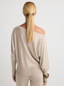 Women's Lightweight Super Soft Oversized Off The Shoulder Cashmere Sweater Dress in Taupe | Back View