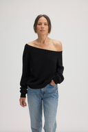 Women's Off Shoulder Sweater Cotton Cashmere Blend Sweater in Black | Front View