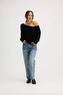 Women's Off the Shoulder Sweater Cotton Cashmere Blended in Black | Front View