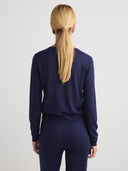 Women's Premium Button Up Cashmere Cardigan Dress in Navy Blue I Back View